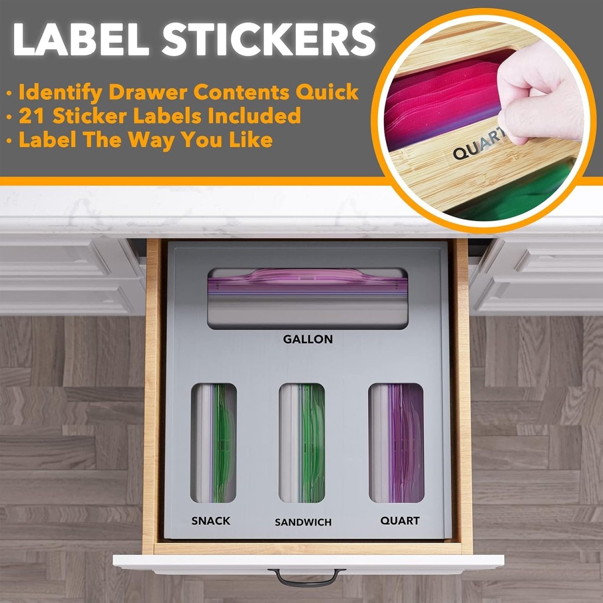 SpaceAid Bag Storage Organizer for Kitchen Drawer, Bamboo Organizer, Compatible with Gallon, Quart, Sandwich and Snack Variety Size Bag (1 Box 4 Slots) - Homesidy.com
