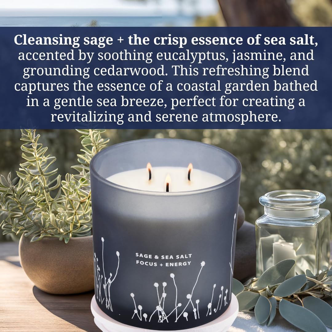 White Sage Sea Salt 3 Wick Candle - Large Soy Scented Candle 14.5 oz - Sage Candle for Cleansing House - Aromatherapy Energy Cleansing Candle for Home, Stress Relief, Women &amp; Men - Homesidy.com