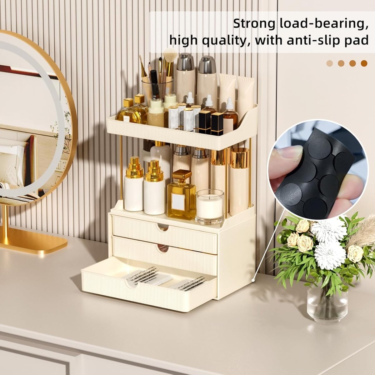 StorBin 3 Drawers Makeup Organizer - 5 Tier Bathroom Counter Organizers and Storage, Versatile Perfume Vanity Organizer, Ideal for Cosmetic, Large Skincare, Face Mask, Office Supplies, Amber - Homesidy.com