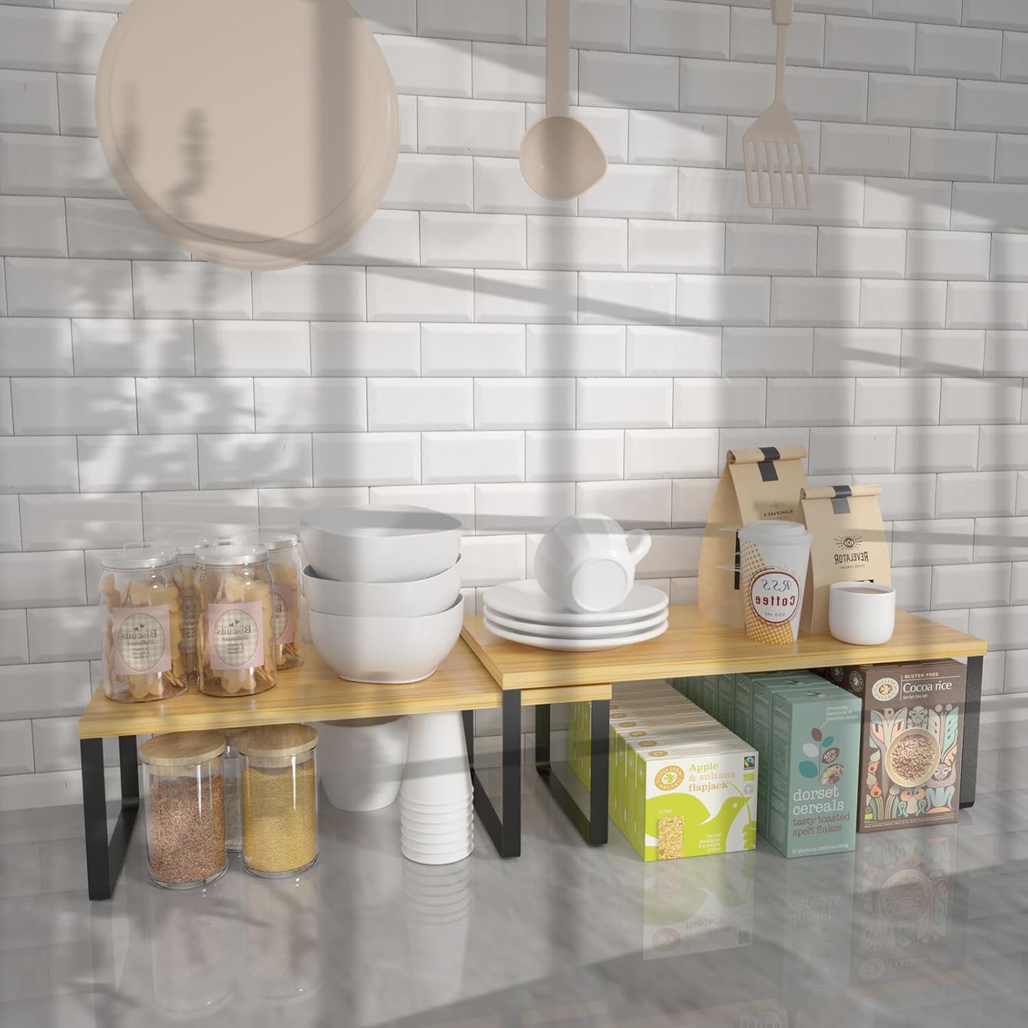 NEX Bamboo Kitchen Cabinet and Counter Shelf Organizer, Stackable &amp; Expandable, Set of 4, White and Natural - Homesidy.com