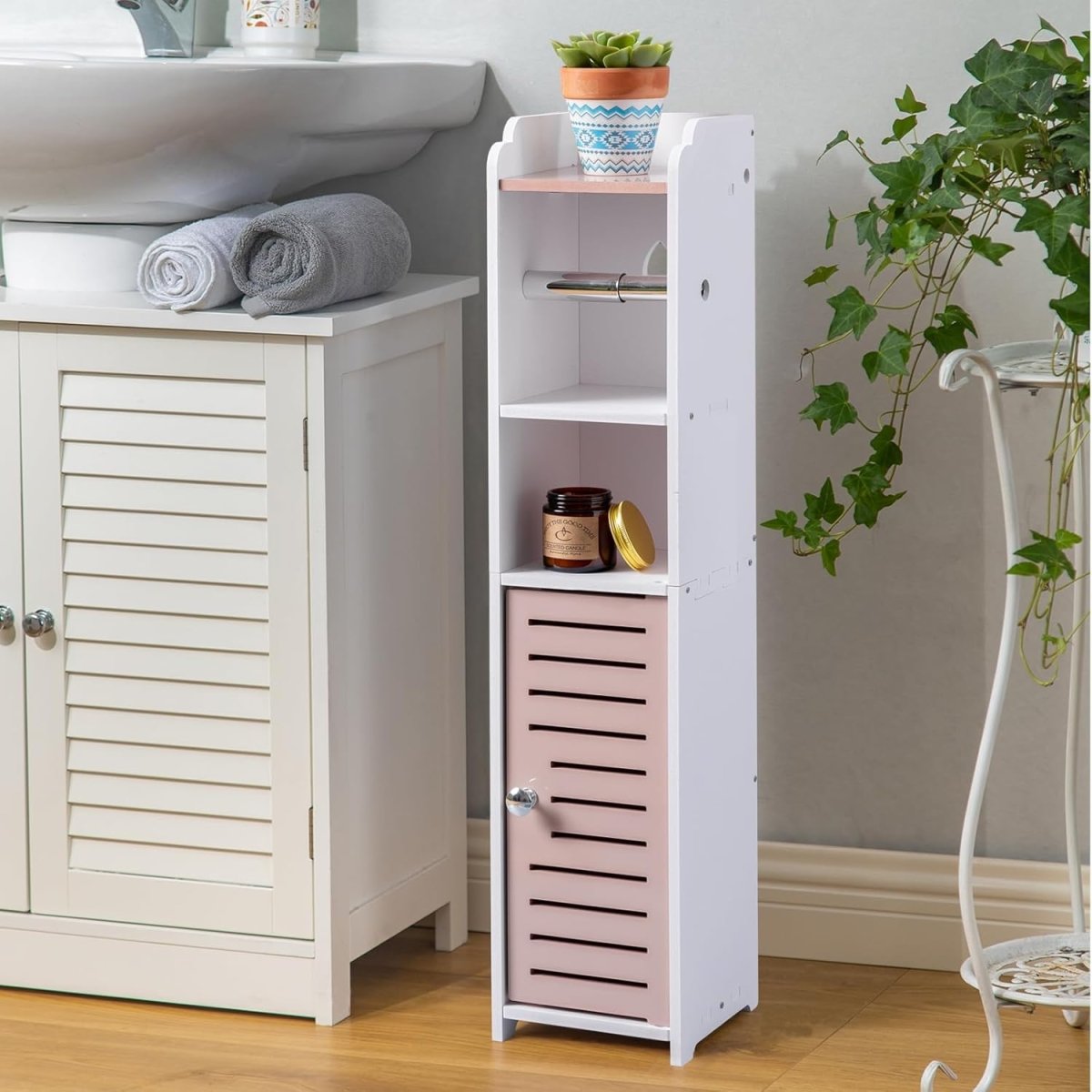 AOJEZOR Toilet Paper Holder Stand: No Drill PVC Small Bathroom Cabinet for Apartment Dwellers - Rental Deposit Protection - Small Space Storage Saving - Homesidy.com