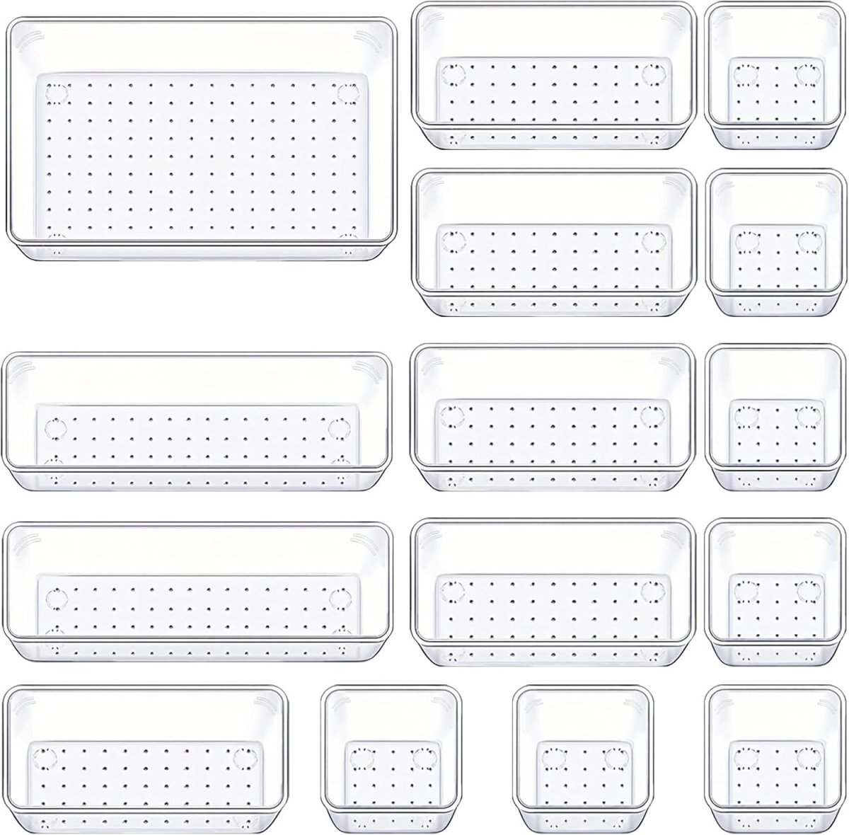 Manalete Drawer Organizers Set of 15, 4 Sizes Clear Plastic Drawer Organizers and Storage Bins for Kitchen, Bathroom, Office, Dresser Desk Drawer Organizer Tray for Jewelry, Makeup, Junk, Gadgets - Homesidy.com