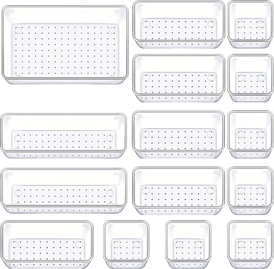 Manalete Drawer Organizers Set of 15, 4 Sizes Clear Plastic Drawer Organizers and Storage Bins for Kitchen, Bathroom, Office, Dresser Desk Drawer Organizer Tray for Jewelry, Makeup, Junk, Gadgets - Homesidy.com