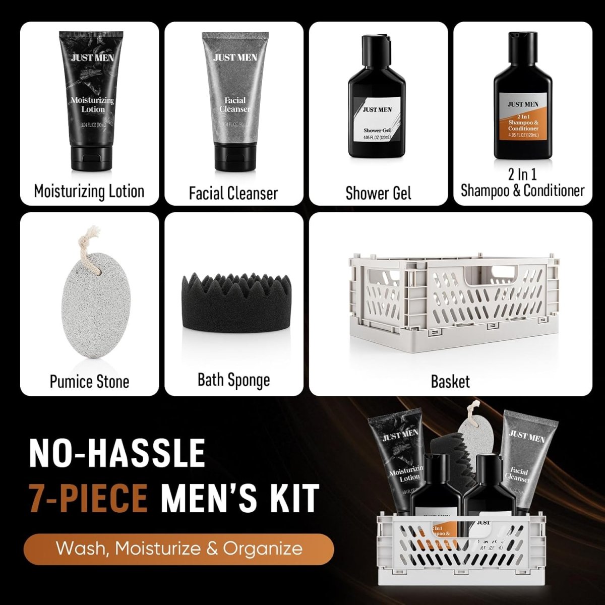 Gift Baskets for Men - 7 Pcs Mens Body Wash &amp; Skin Care Kit | All - in - One Grooming &amp; Bath Gift Set with Cedrus Atlantica Scent | Birthday &amp; Christmas Gifts for Men, Husband, Boyfriend, Brother, Father - Homesidy.com