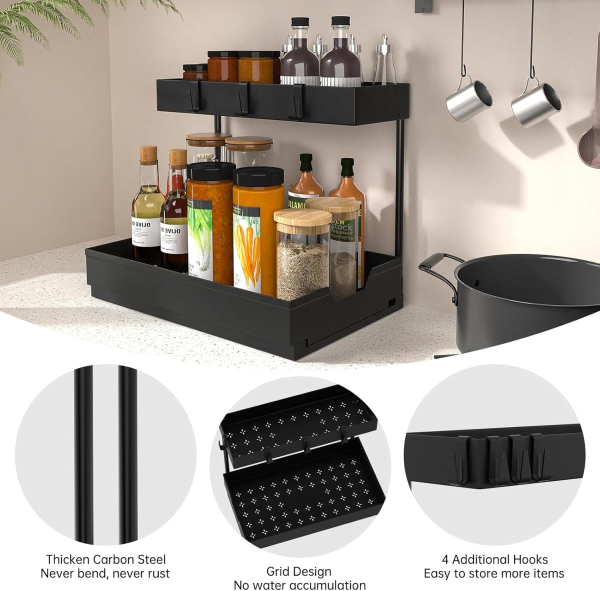 2 Pack Under Sink Organizer 2 Tier Sliding Cabinet Organizers Multi - Purpose Sink Storage Basket L - Shape Narrow Space Storage Shelves with 4 Hook for Kitchen Bathroom Drawer, Black - Homesidy.com