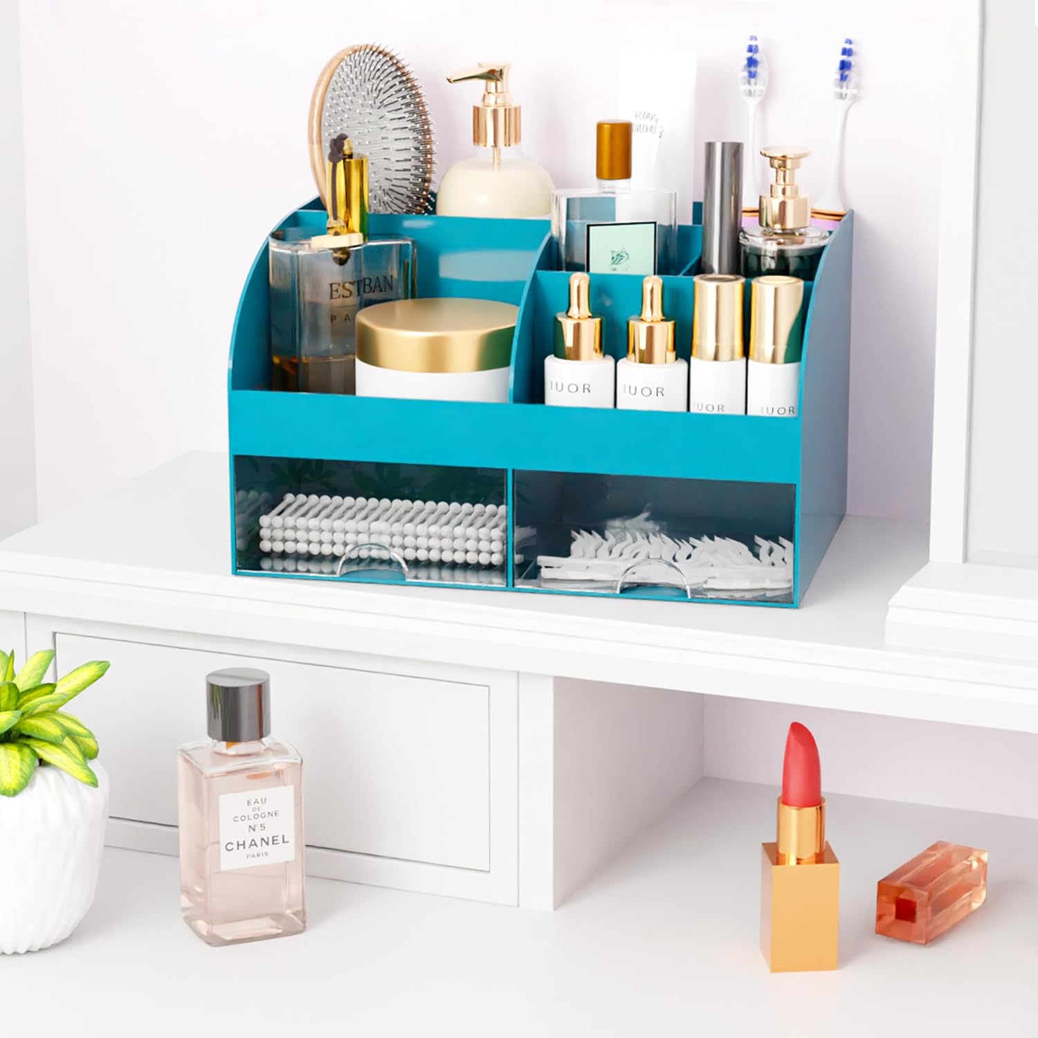 Makeup Organizer with Drawers, Cosmetic Storage for Dresser Vanity and Bathroom Countertop, Beauty Holder for Lipstick Brush, Skincare Organizer for Vanity, Cosmetic Display Case (White) - Homesidy.com