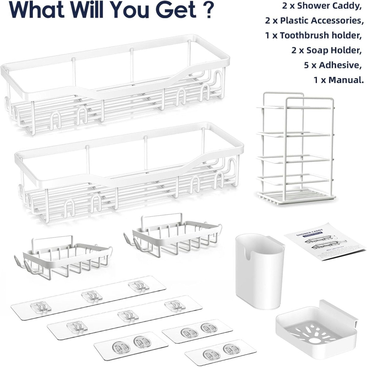 NESOMI Shower Caddy Adhesive Shower Organizer 7 - Pack, Rustproof Stainless Steel Bathroom Shelves, Large Capacity No - Drill Rack Storage Accessories with Soap Dish Toothbrush Holder &amp;24 Hooks Home Decor - Homesidy.com