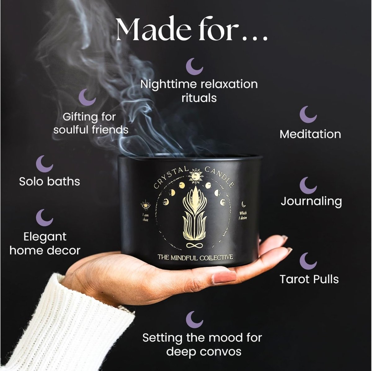 Black Crystal Candle for Women - 12oz Wood Wick Candle That Crackles with Natural Soy Wax. Luxurious Slow Burn, for Meditation. Includes Amethyst &amp; Smokey Quartz Crystals - Homesidy.com