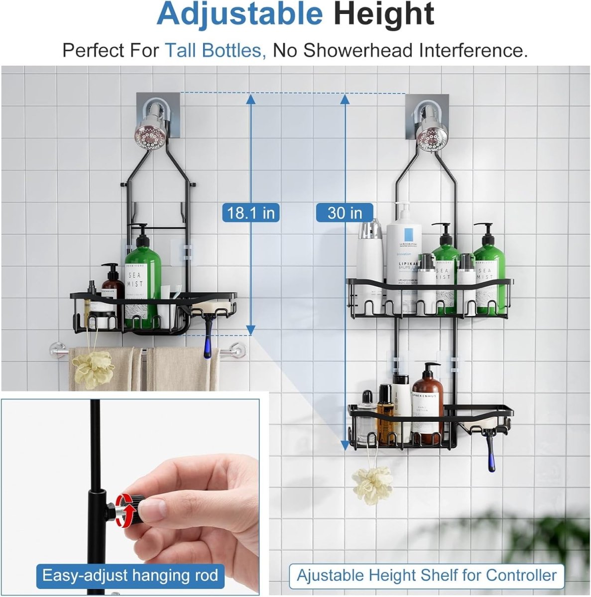 Joqixon Upgraded Extended Length Shower Organizer with Hooks, Rustproof Shampoo Soap Holder, Large Hanging Bathroom Caddy - Homesidy.com