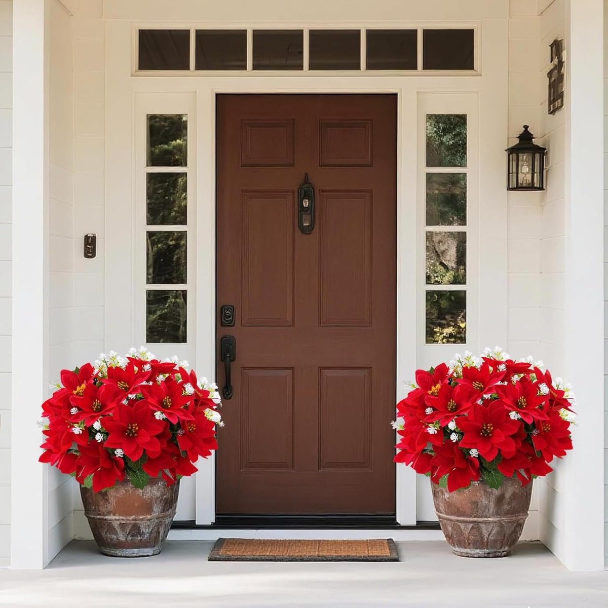 MOIAVAN 12 Bunches Poinsettias Artificial Christmas Flowers for Outdoors,14 Fake Red Poinsettias Faux Eucalyptus Plants UV Resistant for Home Planters Garden Porch Christmas Winter Spring Décor - Homesidy.com