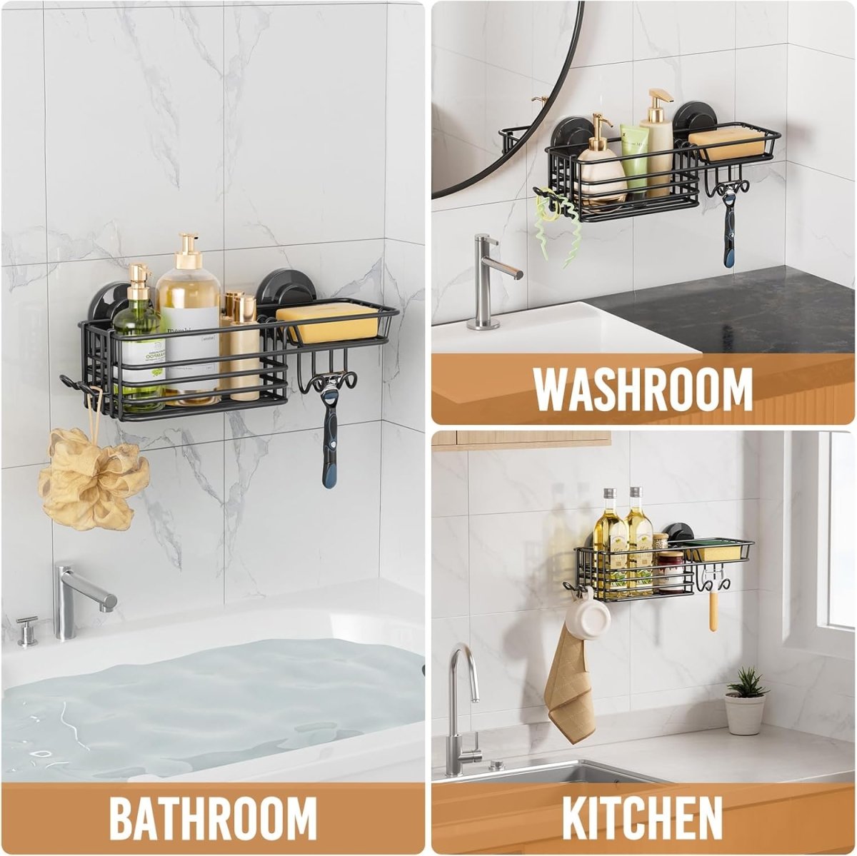 LEVERLOC Shower Caddy Suction Cup, 2 Pack Shower Shelves for Inside Shower with Hooks &amp; Soap Holder, NO - Drilling Bathroom Shower Organizer, Rustproof Meatl Shower Holder Storage, Black - Homesidy.com