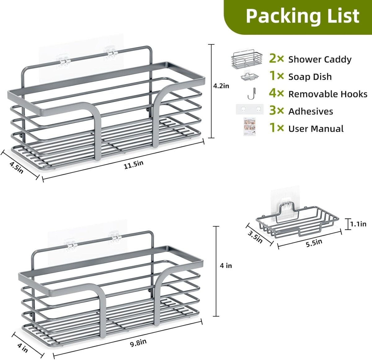 Shower Caddy, Adhesive Shower Organizer with Soap Dish and 4 Hooks, Rustproof Stainless Steel Shower Shelves, Wall Mounted No Drilling Storage Shelf Basket Accessories for Bathroom &amp; Kitchen - Homesidy.com