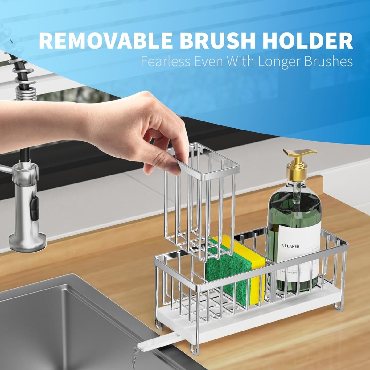 Cisily Black Sponge Holder for Kitchen Sink, Sink Caddy Organizer with High Brush Holder, Kitchen Countertop Organizers and Storage Essentials, Rustproof 304 Stainless Steel, Soap Dispenser Organize - Homesidy.com