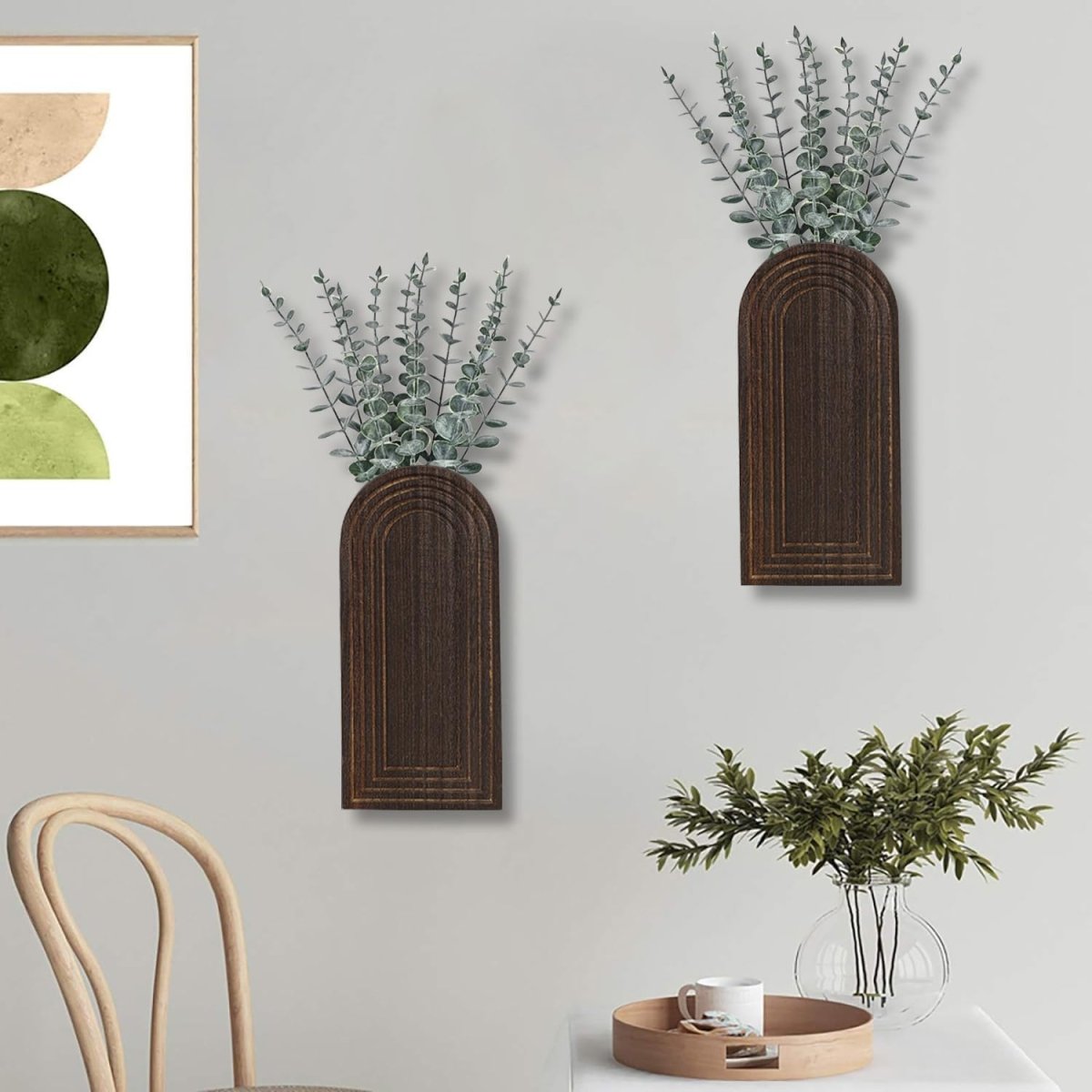 Dnnnii 2 Pack Wooden Wall Vase Set - Brown Finish Modern Farmhouse &amp; Boho Wall Decor for Entryway, Hallway, Bathroom, Living Room, Dining Room, Narrow Spaces - Homesidy.com