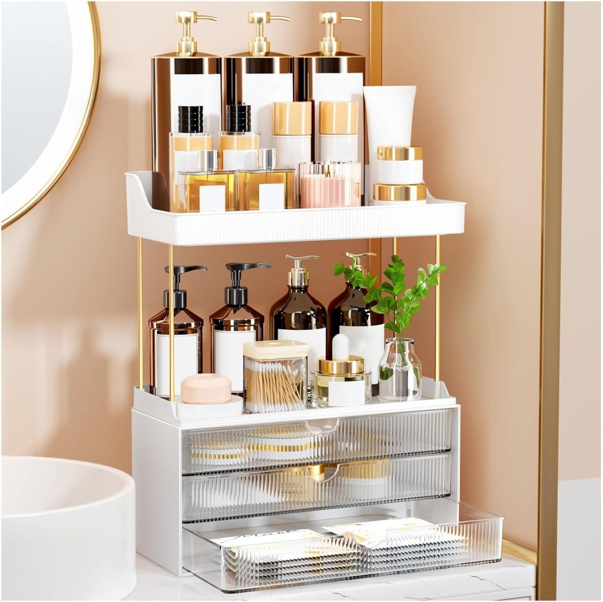 StorBin 3 Drawers Makeup Organizer - 5 Tier Bathroom Counter Organizers and Storage, Versatile Perfume Vanity Organizer, Ideal for Cosmetic, Large Skincare, Face Mask, Office Supplies, Amber - Homesidy.com