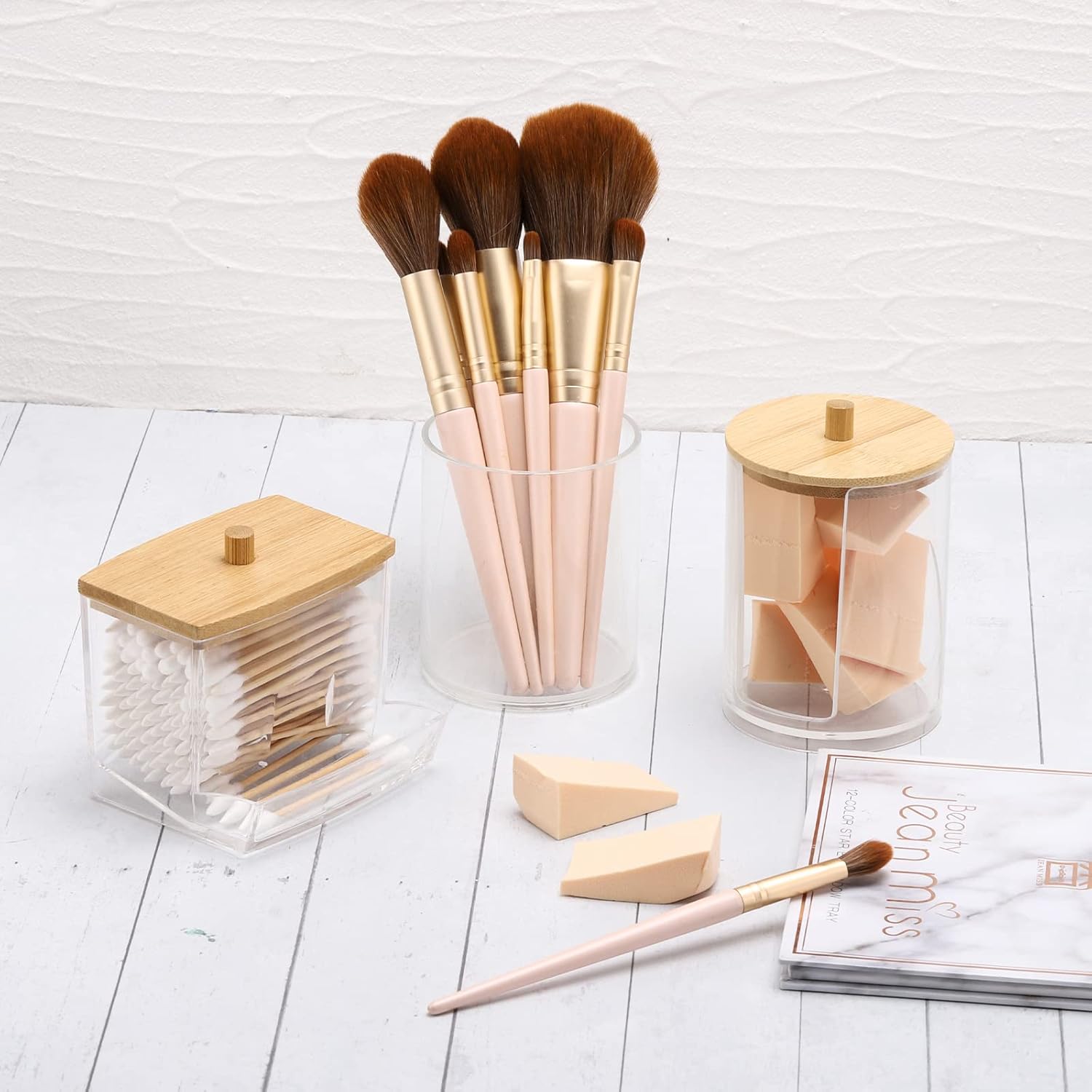 Tbestmax Qtips Holder Bathroom Container, 10 OZ Cotton Ball/Swabs Dispenser, Apothecary Jar Organizer for Storage Brown Wood Lids - Homesidy.com