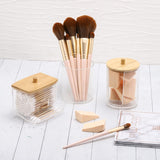 Tbestmax Qtips Holder Bathroom Container, 10 OZ Cotton Ball/Swabs Dispenser, Apothecary Jar Organizer for Storage Brown Wood Lids - Homesidy.com