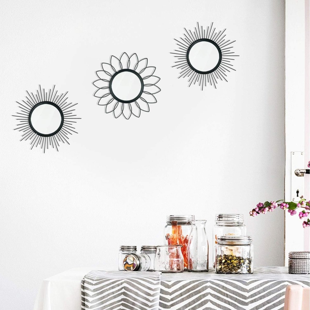 3 Pack Metal Mirrors for Wall Sunburst Wall Mirrors Home Décor Decorative Hanging Wall Art for Living Room Bedroom Entryway (Gold, Flower Sunburst) - Homesidy.com