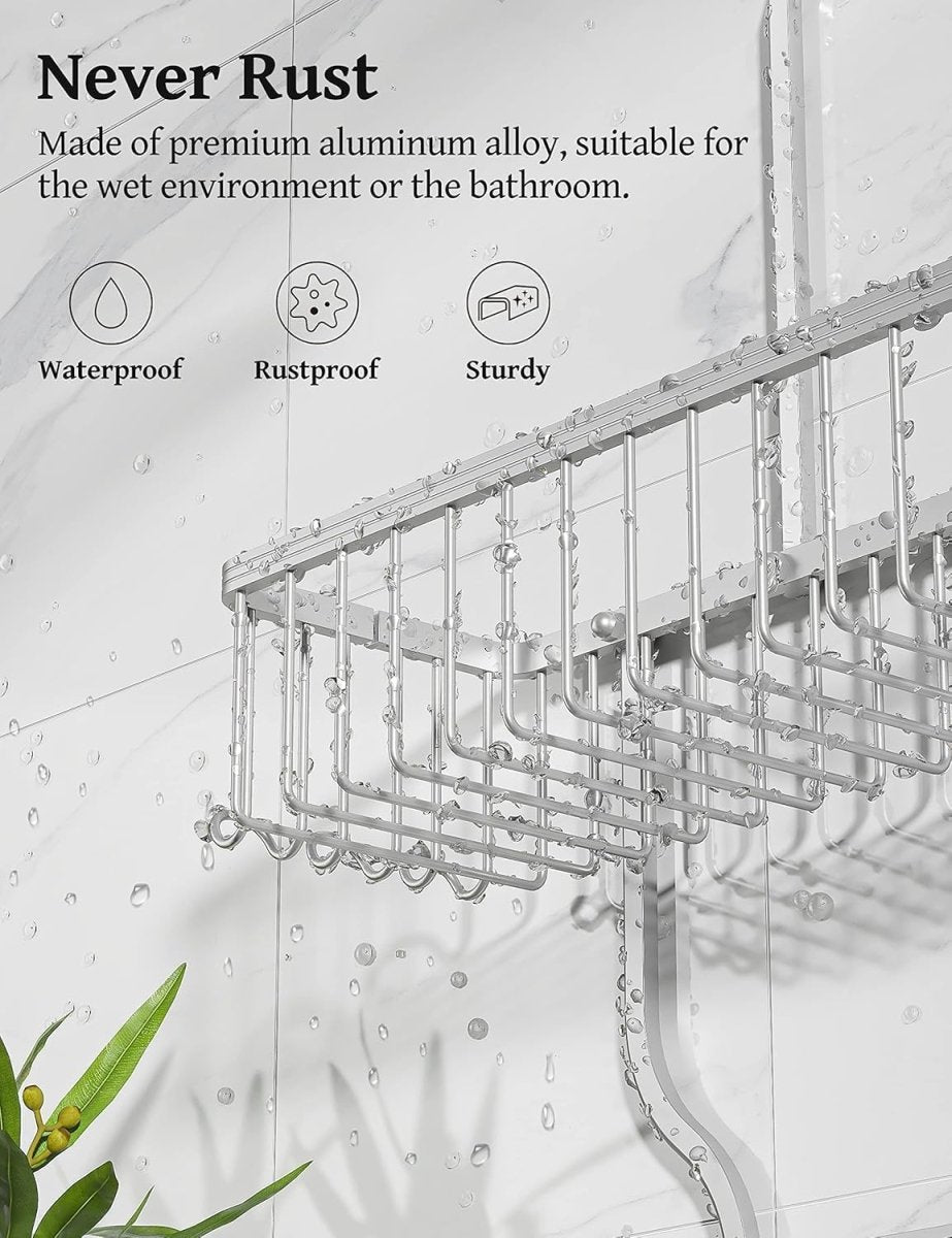 YASONIC Shower Caddy Hanging - Never Rust Shower Organizer - Aluminum Over The Head Caddy with 10 Hooks for Razor/Sponge - Rack with Soap Basket - Silver - Homesidy.com