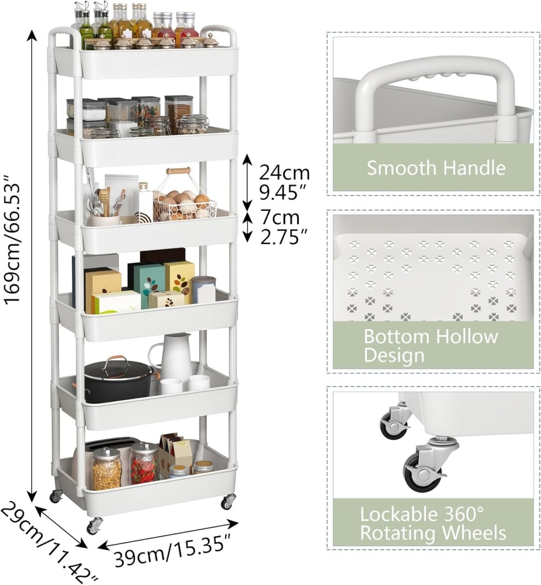 Sywhitta 3 - Tier Plastic Rolling Utility Cart with Handle, Multi - Functional Storage Trolley for Office, Living Room, Kitchen, Movable Storage Organizer with Wheels, White - Homesidy.com