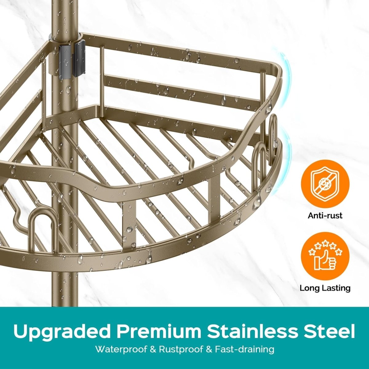 HAMITOR Corner Shower Caddy Tension Pole: Rustproof 4 - Tier Bathroom Organizer Shelves for Bathtub Shampoo Storage - 47 - 121 Inch Quick Install Adjustable Rod Standing Rack with Soap Rack - Silver Gray - Homesidy.com
