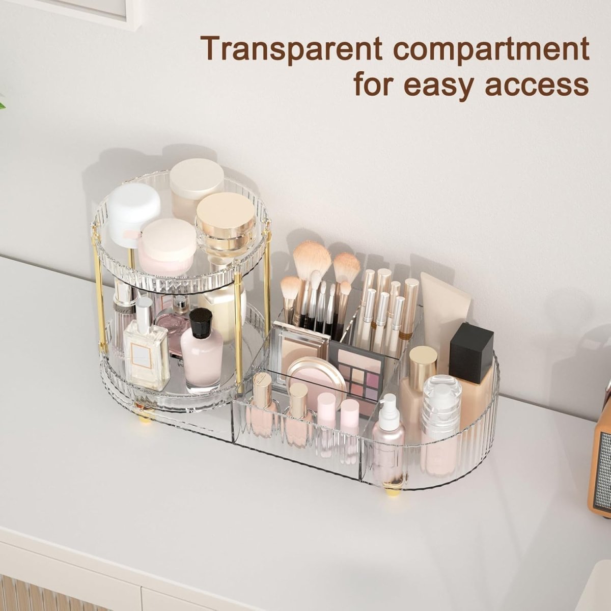 Makeup Organizer Countertop for Vanity, Rotating Perfume Tray with 5 - compartment Cosmetic and Skincare Organizers, Multi - Purpose Desk Storage Makeup Brush Holder for Bathroom Bedroom Counter - Homesidy.com