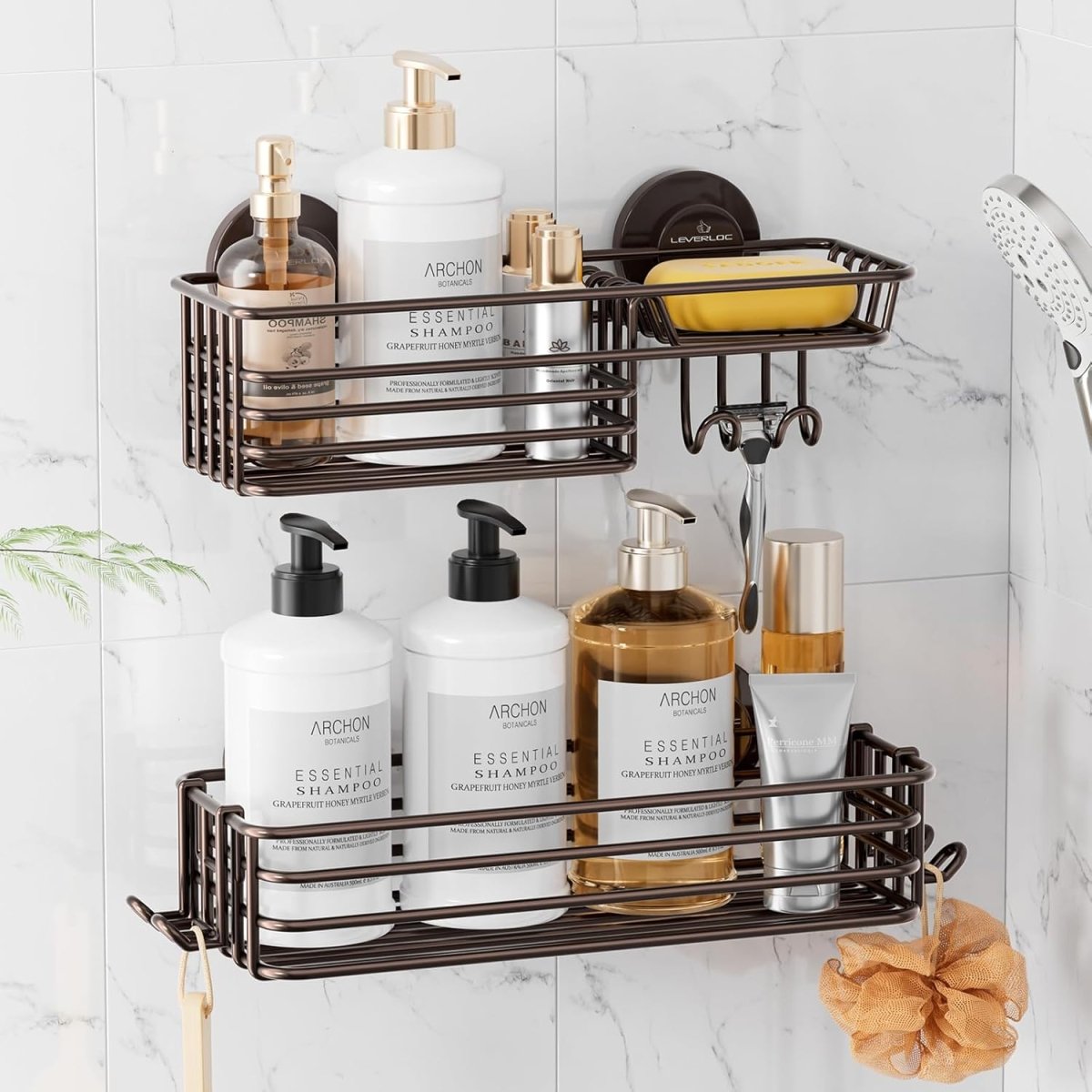LEVERLOC Shower Caddy Suction Cup, 2 Pack Shower Shelves for Inside Shower with Hooks &amp; Soap Holder, NO - Drilling Bathroom Shower Organizer, Rustproof Meatl Shower Holder Storage, Black - Homesidy.com