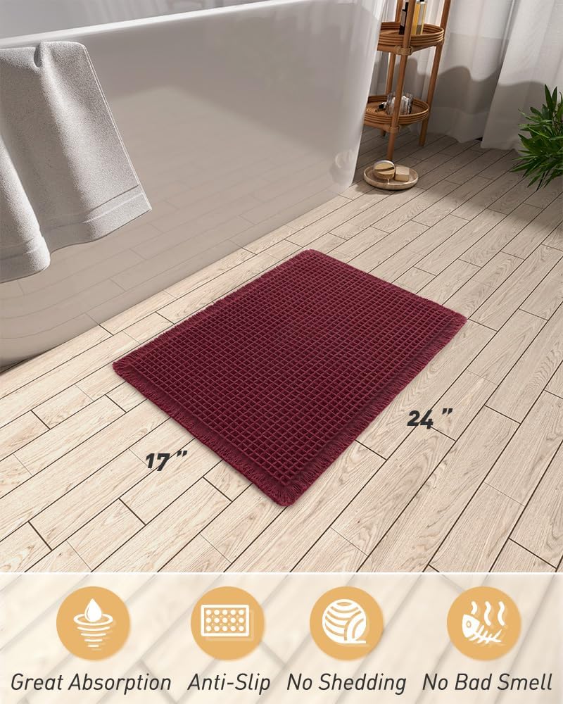 AMOAMI Upgraded Waffle Bath Mat, Super Absorbent Non Slip Bath Mats for Bathroom Floor, Machine Washable Bathroom Rugs with Tassels, Rubber Backed Bathroom Mats, Ultra Soft, 18&34; x 30&34;, Brown - Homesidy.com