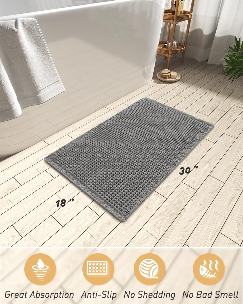 AMOAMI Upgraded Waffle Bath Mat, Super Absorbent Non Slip Bath Mats for Bathroom Floor, Machine Washable Bathroom Rugs with Tassels, Rubber Backed Bathroom Mats, Ultra Soft, 18&34; x 30&34;, Brown - Homesidy.com