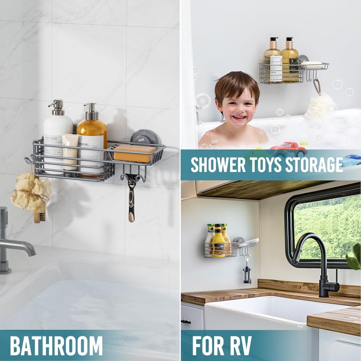 TAILI Shower Caddy Suction Cup 2 Pack with Hooks &amp; Soap holder, Heavy Duty Shower Organizer for Bathroom, No Drilling Bathroom Organizer with Large Capacity, Black Metal Storage Basket - Homesidy.com