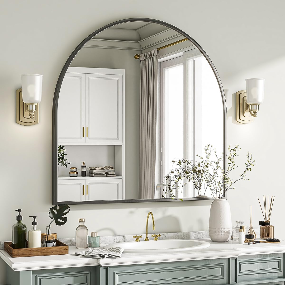 VooBang Arched Wall Mirror, 30 x 38 inch Arch Bathroom Mirror, Wall Mounted Vanity Mirror with Arch Metal Frame, Modern Bathroom Vanity Mirror for Bedroom, Living Room, Hanging or Leaning, Black - Homesidy.com