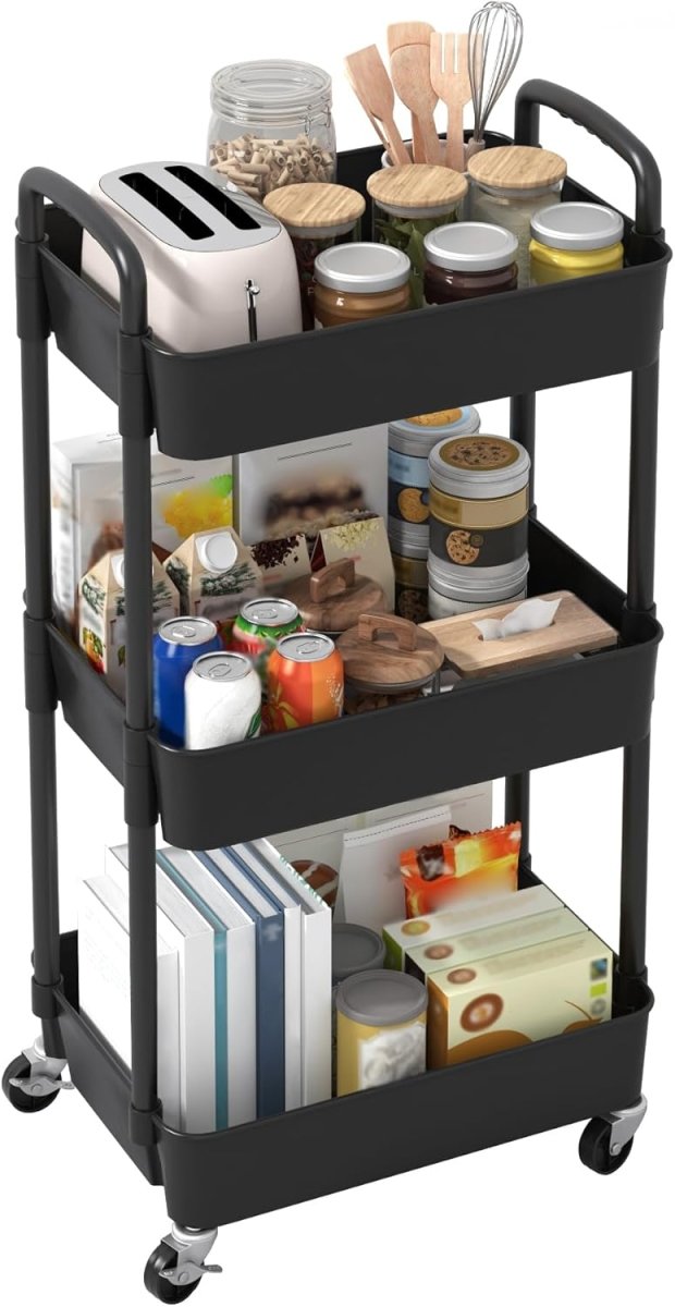 Sywhitta 3 - Tier Plastic Rolling Utility Cart with Handle, Multi - Functional Storage Trolley for Office, Living Room, Kitchen, Movable Storage Organizer with Wheels, White - Homesidy.com