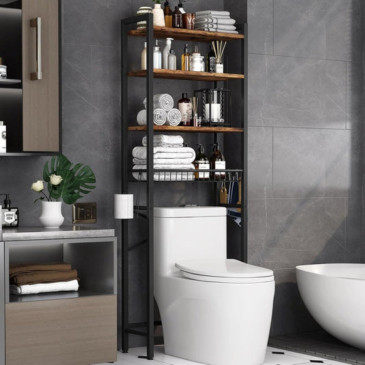 Kalrin Over - The - Toilet Storage Rack, 4 - Tier Bathroom Organizer Shelf Over Toilet with Adjustable Shelf and Basket, Freestanding Space Saver Bathroom Shelves Above Toilet for Room (Vintage Brown) - Homesidy.com