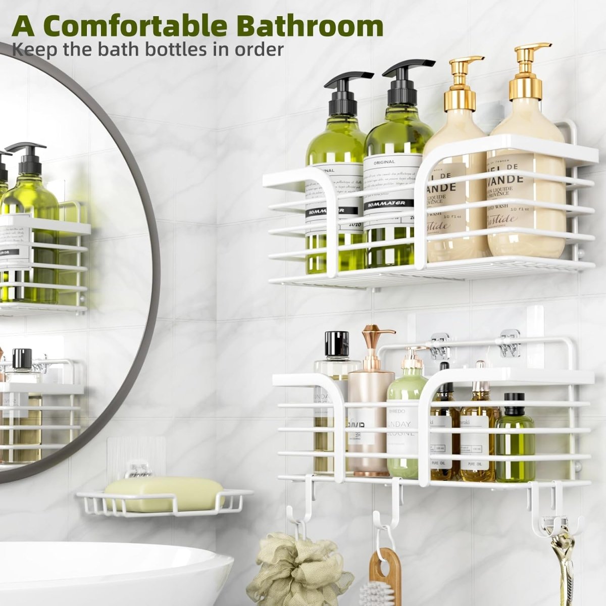 Shower Caddy, Adhesive Shower Organizer with Soap Dish and 4 Hooks, Rustproof Stainless Steel Shower Shelves, Wall Mounted No Drilling Storage Shelf Basket Accessories for Bathroom &amp; Kitchen - Homesidy.com