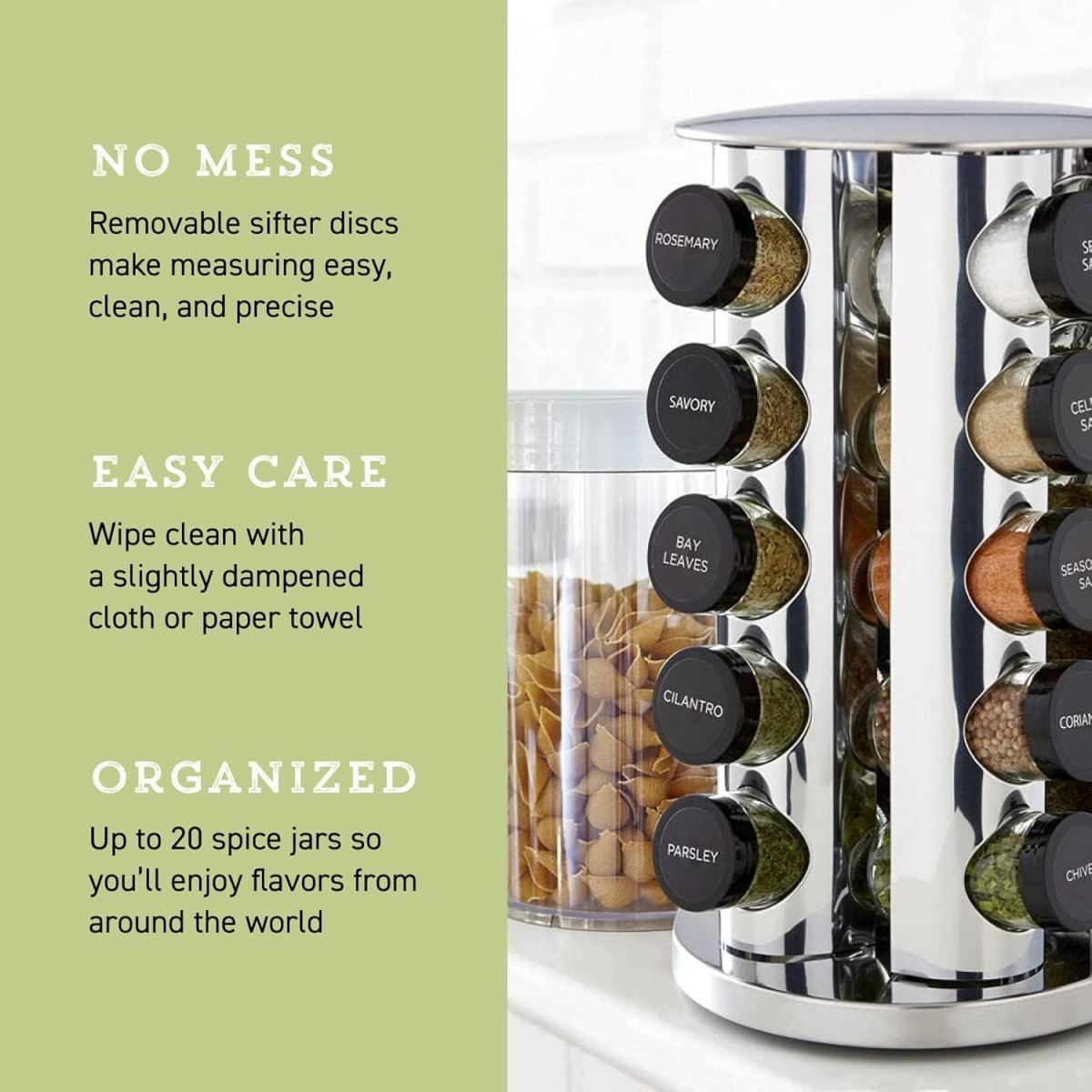 Kamenstein 20 Jar Revolving Countertop Spice Rack with Spices Included, FREE Spice Refills for 5 Years, Polished Stainless Steel with Black Caps, 30020 - Homesidy.com