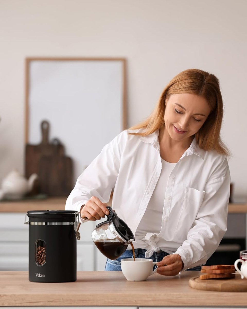 Veken Coffee Canister with Window,Airtight Stainless Steel Pantry Container,Home Kitchen Food Storage Organizers for Ground,Beans,Espresso,Rice,Tea,Sugar,Cereal, Flour,Bar Accessories,Gifts,22OZ,Black - Homesidy.com