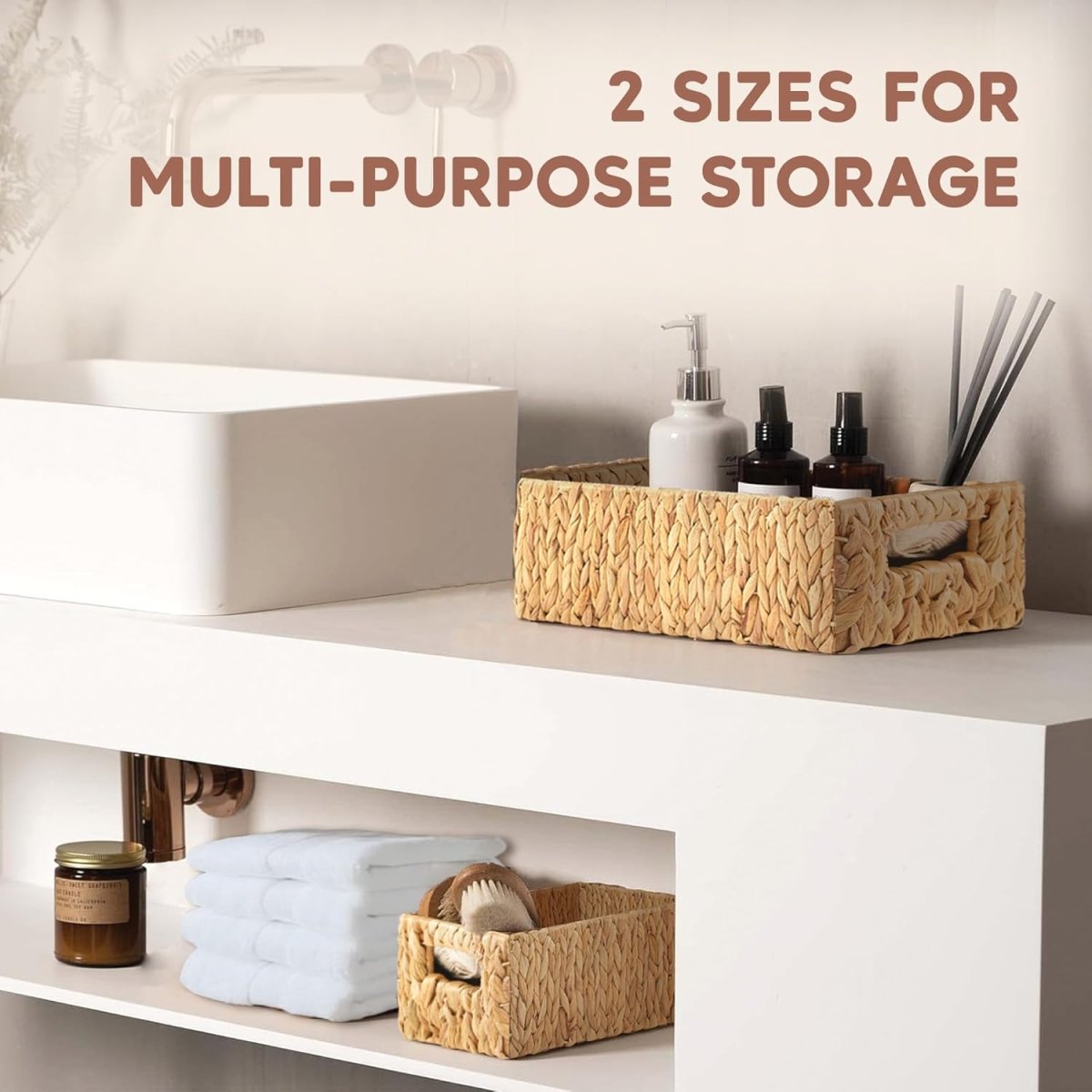 Greenatural Water Hyacinth Storage Baskets Set of 2, Handwoven Rectangular Organizer Trays with Wooden Bead Handles, Nested Wicker Bins for Shelf, Bathroom, Kitchen, Office, Natural Decor - Homesidy.com