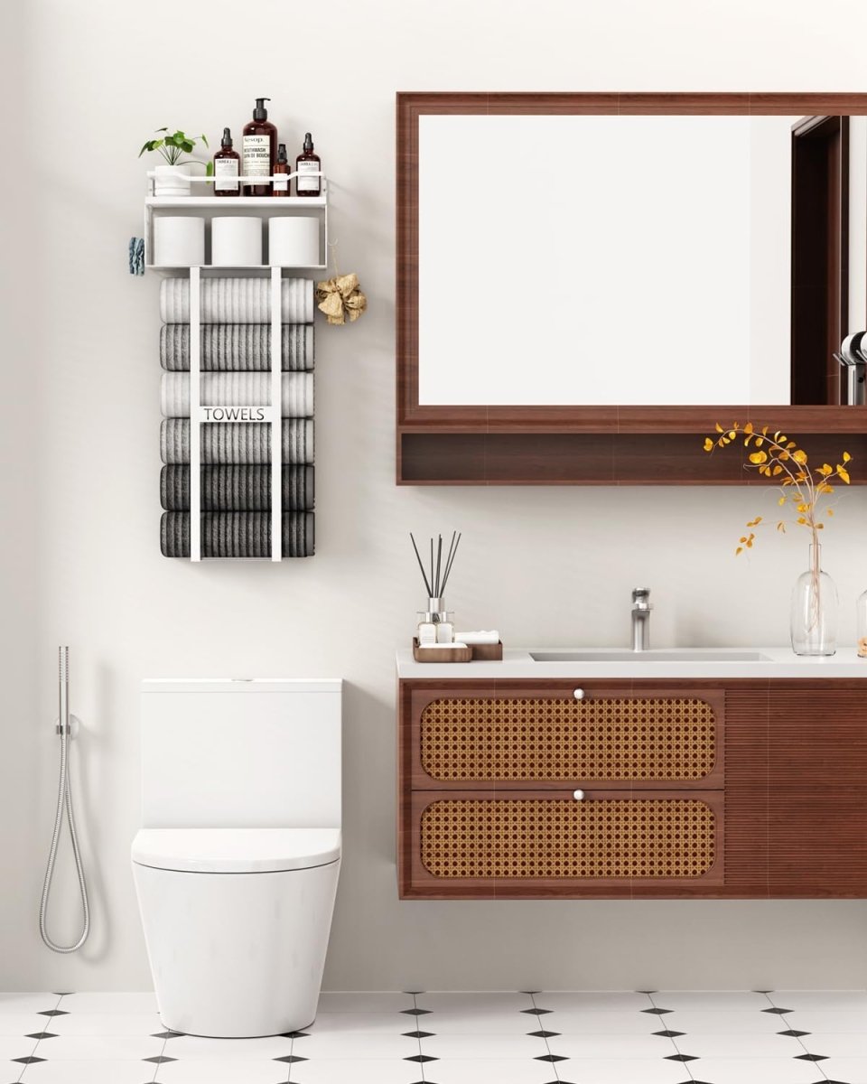 Aetyord Towel Racks for Bathroom 31inch Wall Mounted Towel Rack,Floating Shelf with Wood Plank,Towel Storage for Bathroom can Holds 6 Large Rolled Towels,All Black - Homesidy.com