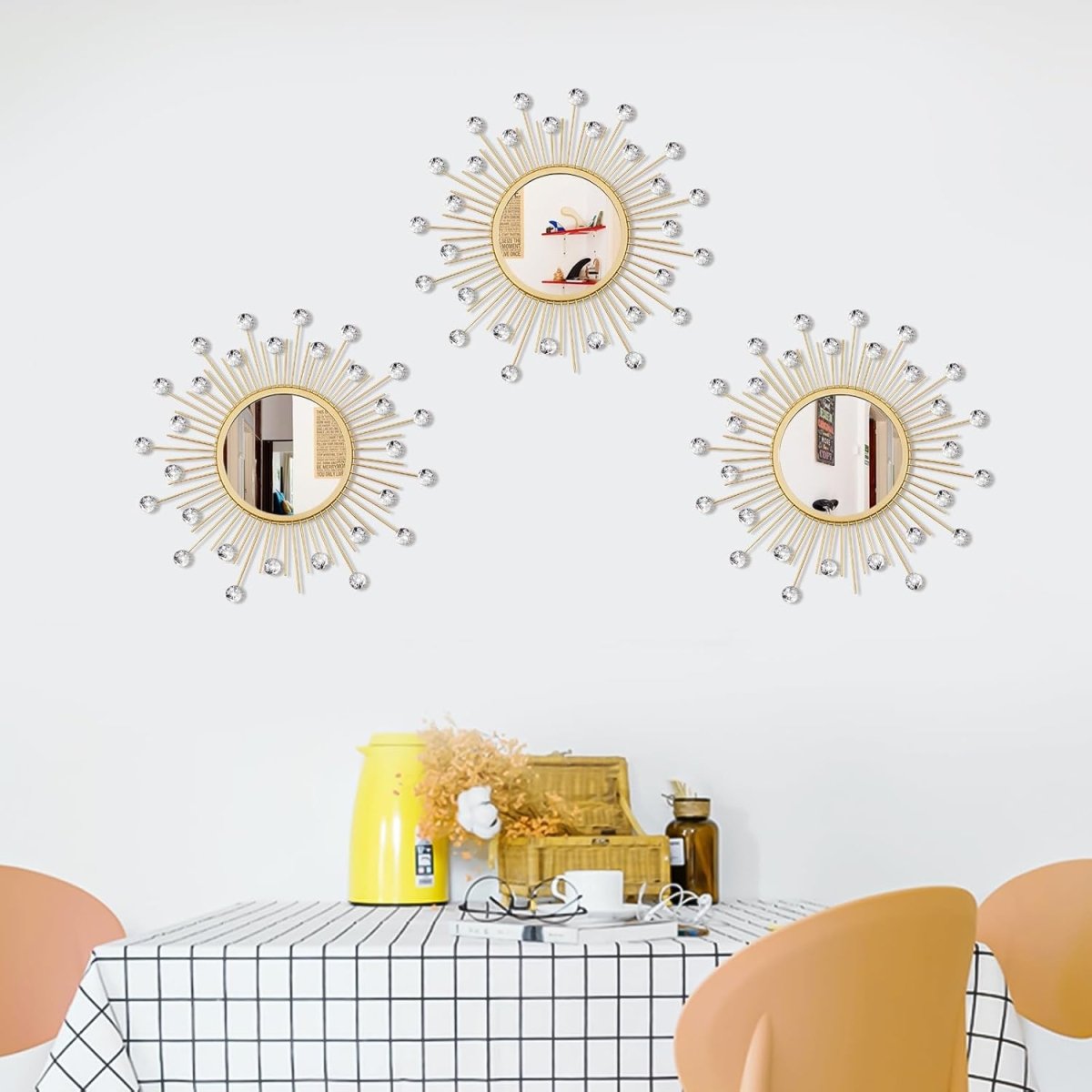 3 Pack Metal Mirrors for Wall Sunburst Wall Mirrors Home Décor Decorative Hanging Wall Art for Living Room Bedroom Entryway (Gold, Flower Sunburst) - Homesidy.com