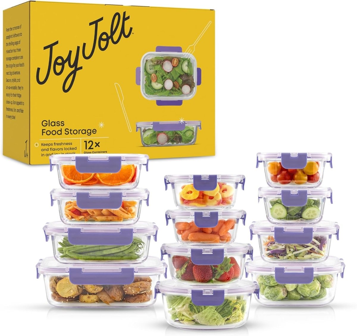 JoyJolt 24pc Borosilicate Glass Storage Containers with Lids | 12 Airtight/Freezer Safe Food Storage Containers for Pantry and Kitchen | Meal Prep Container for Lunch | Glass Tupperware Set - Homesidy.com
