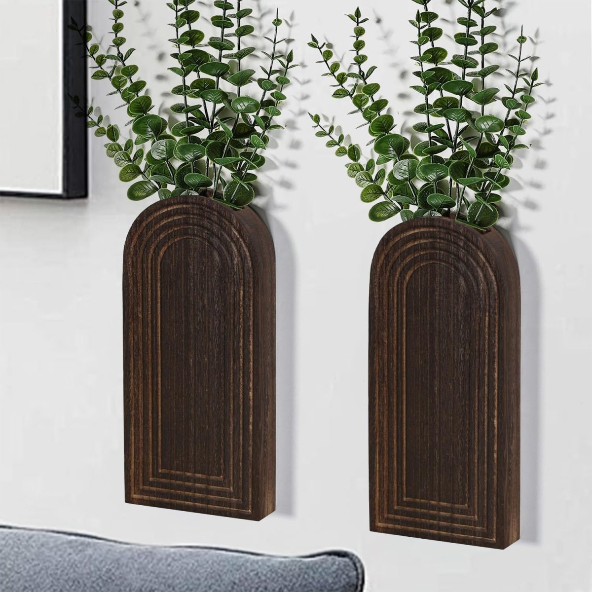 Dnnnii 2 Pack Wooden Wall Vase Set - Brown Finish Modern Farmhouse &amp; Boho Wall Decor for Entryway, Hallway, Bathroom, Living Room, Dining Room, Narrow Spaces - Homesidy.com