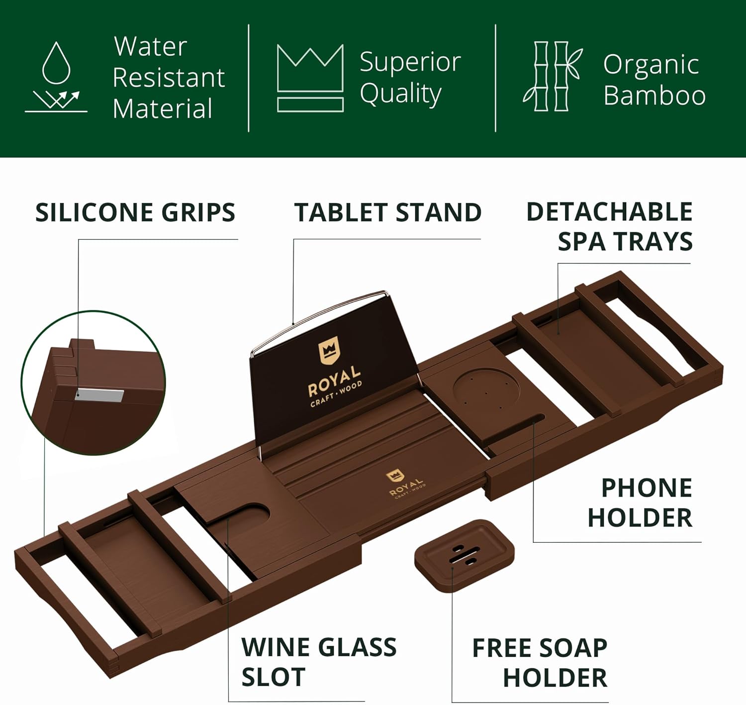ROYAL CRAFT WOOD Bathtub Tray Caddy for Tub, Bamboo Bath Shelf, Premium Foldable Wood Bath Table, Expandable Bathtub &amp; Bathroom Accessories, New Home Gifts for Mom, Housewarming, Anniversary, Wedding - Homesidy.com