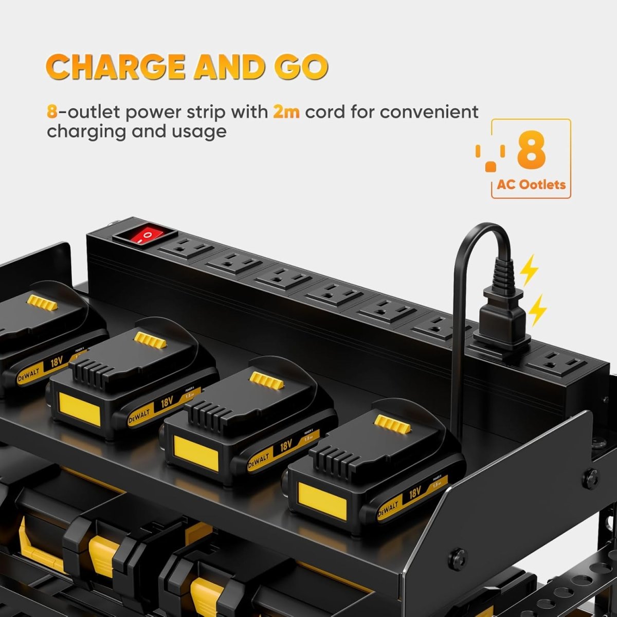 POKIPO Large Power Tool Organizer Wall Mount with Charging Station,4 Layer Heavy Duty Metal Tool Storage Rack Loads 600lbs with 8 Cordless Drill Holder,Battery Utility Rack Loads with 4 Power Strip - Homesidy.com