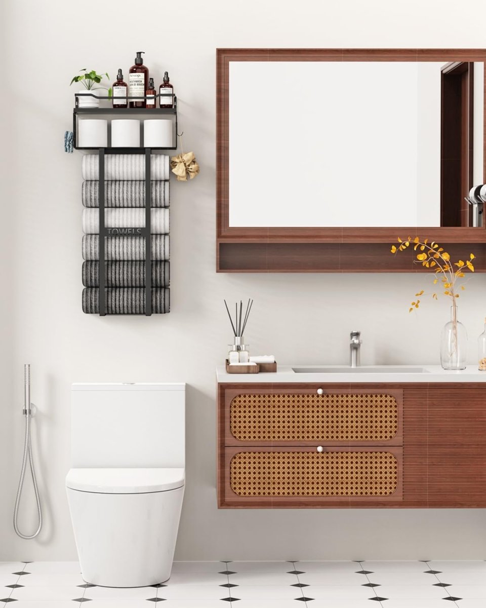 Aetyord Towel Racks for Bathroom 31inch Wall Mounted Towel Rack,Floating Shelf with Wood Plank,Towel Storage for Bathroom can Holds 6 Large Rolled Towels,All Black - Homesidy.com
