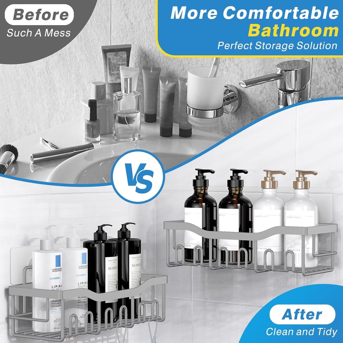 EUDELE 5 - Pack Rustproof Stainless Steel Shower Caddy Set– No Drill Adhesive Bathroom Organizer, Space - Saving Shower Shelves for Apartment Essentials, Bathroom/Kitchen Storage Home Decor - L Size - Homesidy.com