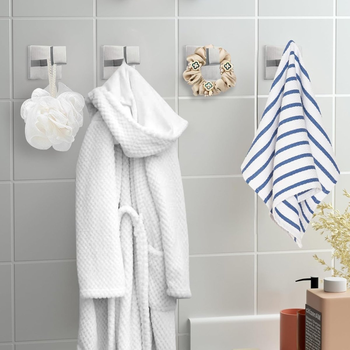 IBosins 4 Pack Towel Hooks Hand Towel Holder for Bathroom Wall Livingroom Bedroom Kitchen Closet Heavy Duty Stainless Steel Hook Hanger for Robe, Bath Towel, Coat (Square Matte Black) - Homesidy.com