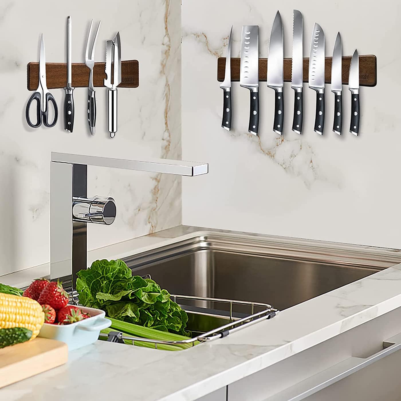 HOSHANHO Magnetic Knife Strips, Magnetic Knife Holder for Wall 16 Inch, Acacia Wood Knife Magnetic Strip Use as Knife Bar, Knife Holder for Kitchen Utensil Organizer - Homesidy.com