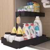 2 Pack Under Sink Organizer 2 Tier Sliding Cabinet Organizers Multi - Purpose Sink Storage Basket L - Shape Narrow Space Storage Shelves with 4 Hook for Kitchen Bathroom Drawer, Black - Homesidy.com