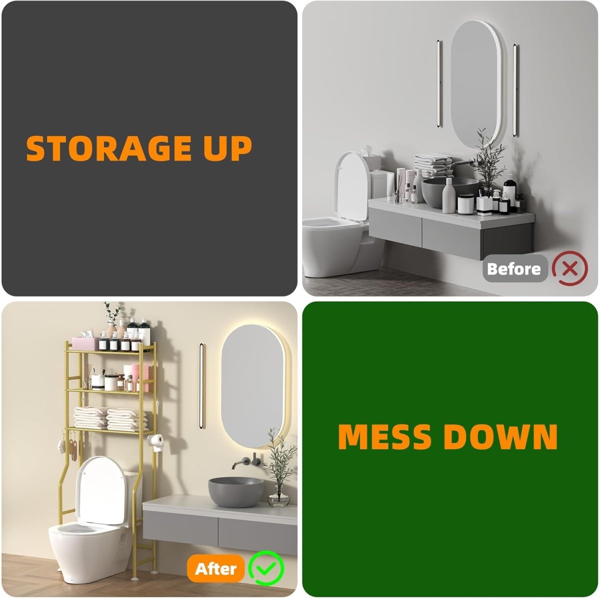 GloTika 3 - Tier Over The Toilet Storage, Space Saver Metal Bathroom Shelves, Freestanding Above Over Toilet Storage Shelf with 4 Hooks for Bathroom, Black - Homesidy.com