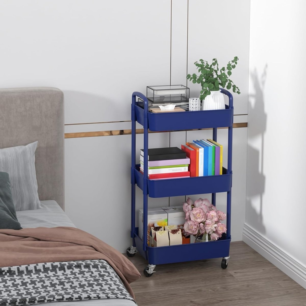 Sywhitta 3 - Tier Plastic Rolling Utility Cart with Handle, Multi - Functional Storage Trolley for Office, Living Room, Kitchen, Movable Storage Organizer with Wheels, White - Homesidy.com